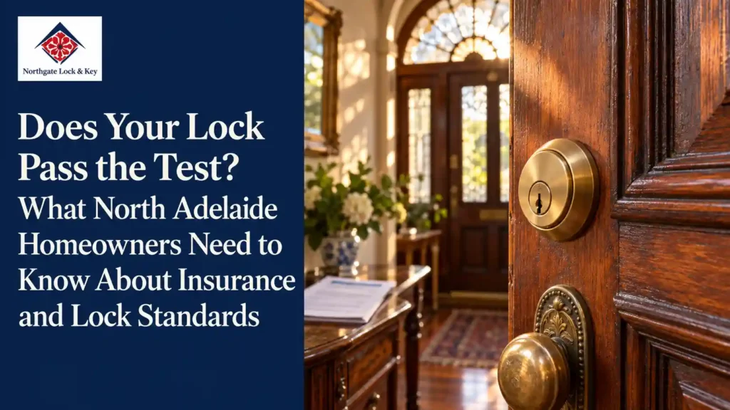 Modern brass deadlock on a Victorian timber door in North Adelaide, with insurance paperwork nearby