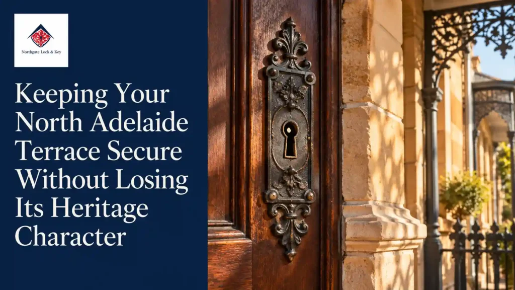 Victorian cast-iron keyhole on a North Adelaide terrace door framed by sandstone and verandah lacework