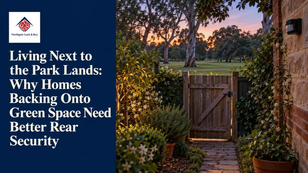 Timber rear gate of a North Adelaide terrace opening toward the Park Lands at dusk