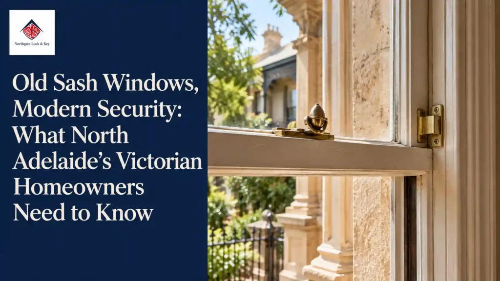 Victorian sash window in North Adelaide with an original brass catch and a modern window stop
